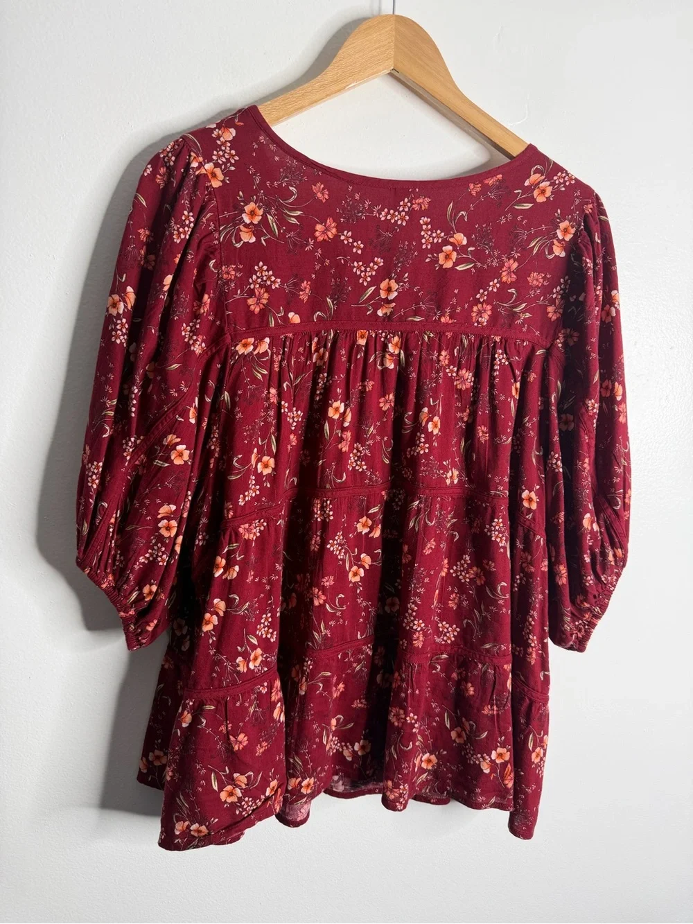 Old Navy Puff-Sleeve Floral Tiered Swing Boho Top Burgundy Floral XXL Flowy